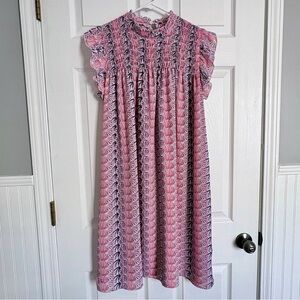 Simply Southern women’s large ruffle sleeve seashell blue pink knee length dress
